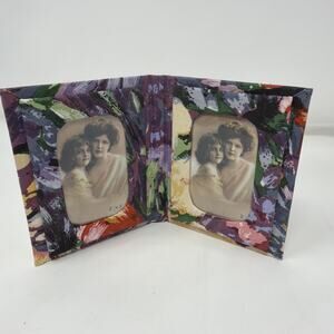 Vintage Small Foldable Double Photo Frame Cloth Design 1980s Cottagecore